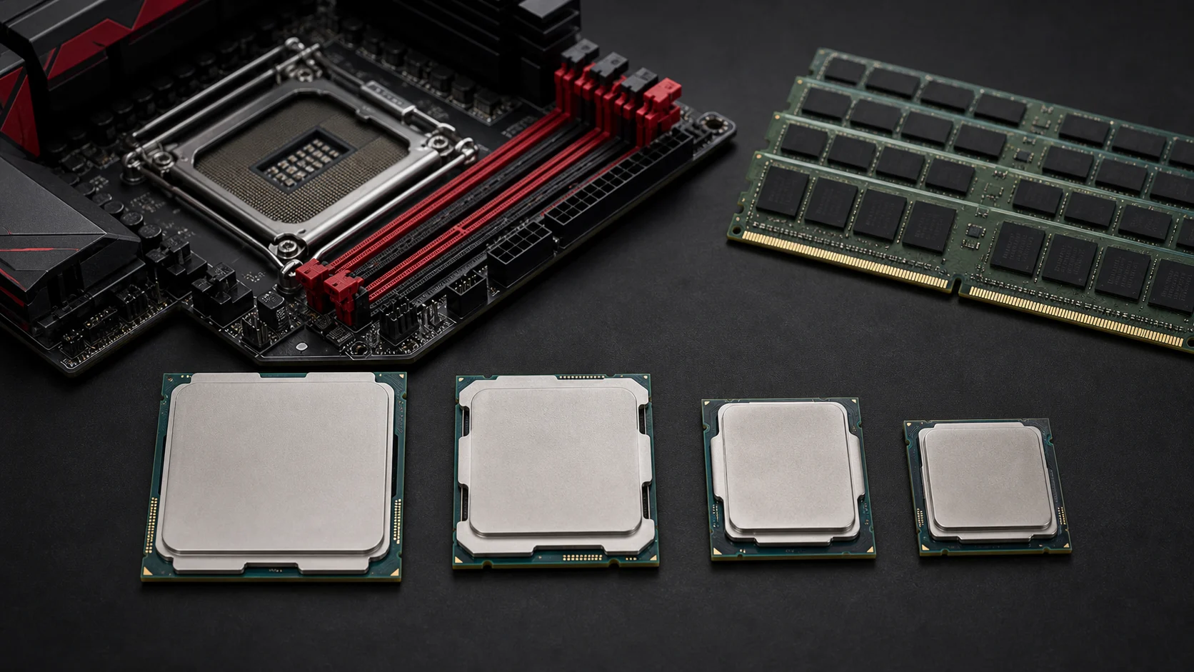 Несколько процессоров Xeon E5 рядом с материнской платой и памятью