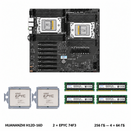 Комплект HUANANZHI H12D-16D, 2 AMD EPYC 74F3, 4 модуля Samsung DDR4 по 64 ГБ — 256 ГБ