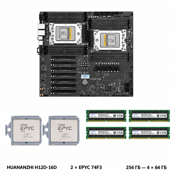 Комплект HUANANZHI H12D-16D + 2 × AMD EPYC 74F3 + Samsung DDR4 ECC REG — 256 ГБ