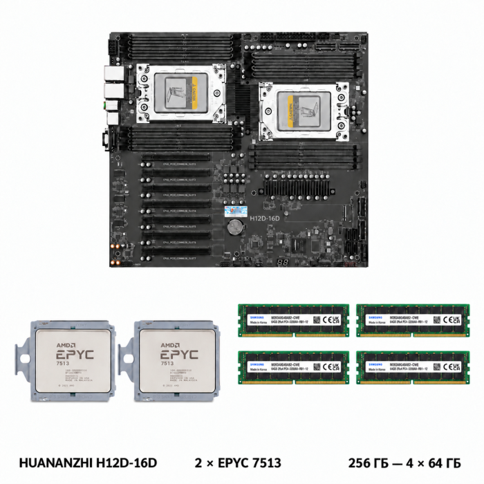 Комплект HUANANZHI H12D-16D + 2 x AMD EPYC 7513 + 256 ГБ Samsung DDR4 ECC REG