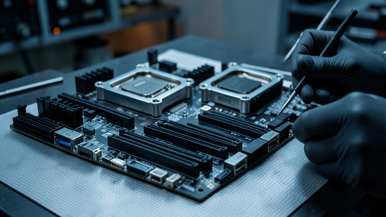 Двухсокетная серверная плата крупным планом: сокеты, VRM, память и PCIe