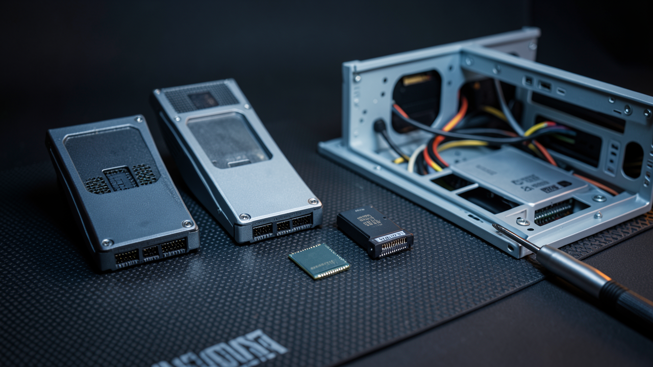 Форм-факторы серверных SSD: M.2, U.2 и U.3 на антистатическом коврике