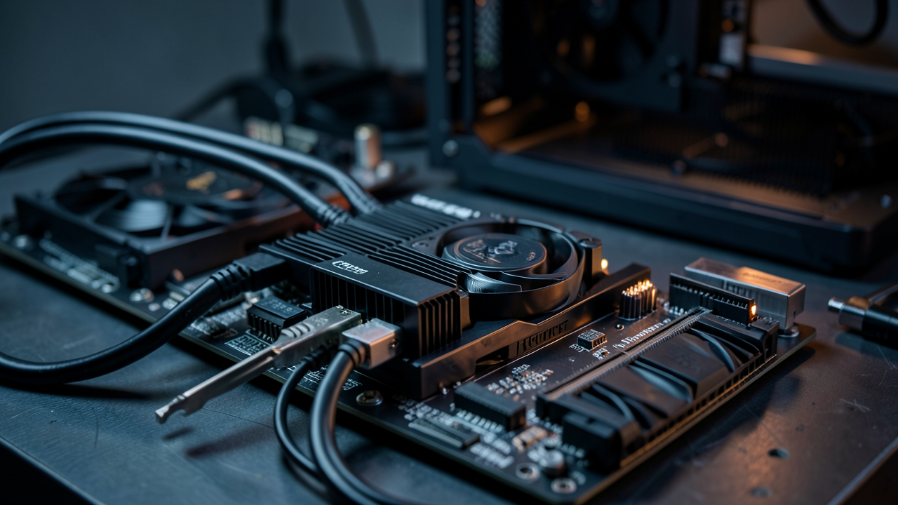 Мощная видеокарта в открытом корпусе рабочей станции для GPU-рендера